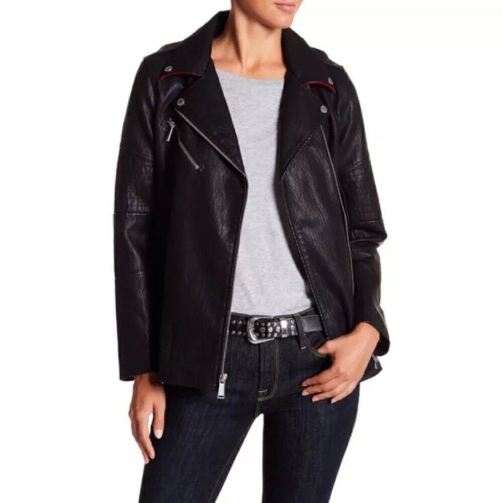 BCBGeneration Long Faux Leather Asymmetrical Zip Moto Jacket | Size S